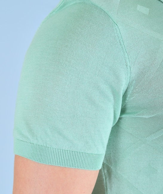 Тениска с яка на ромбоиди плетена светло зелена