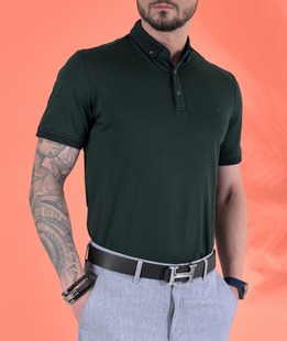 Мъжка тениска с яка изчистена тъмно зелена