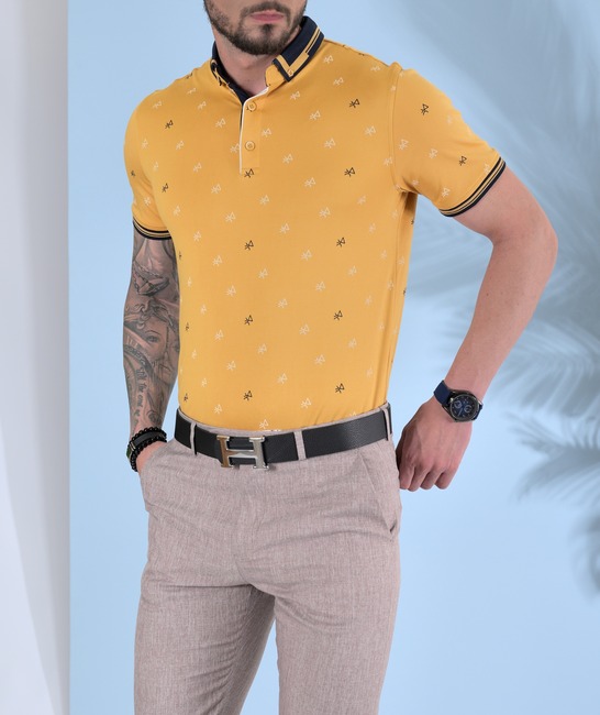 Мъжка тениска с яка цвят горчица с фигури