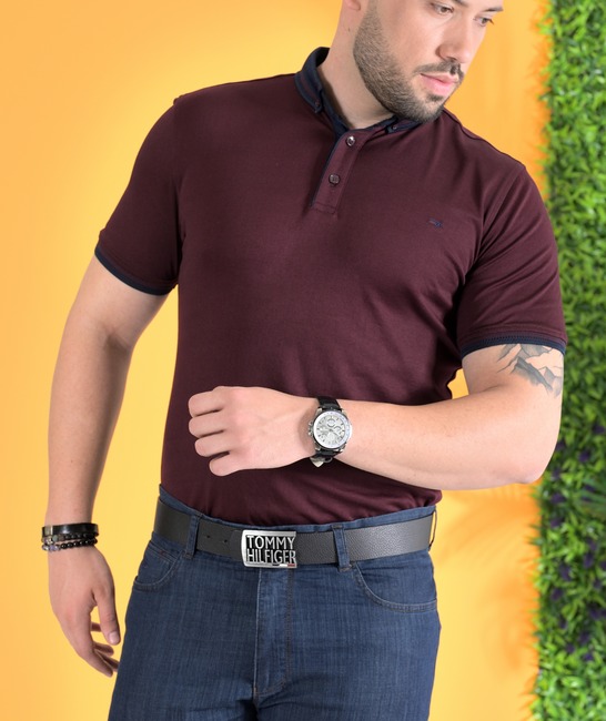 Мъжка тениска с яка с бродирано лого цвят бордо