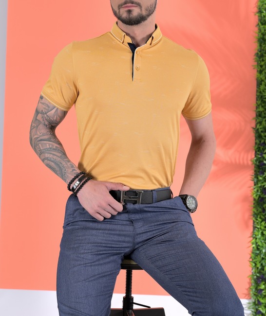Мъжка поло тениска с елементи цвят горчица