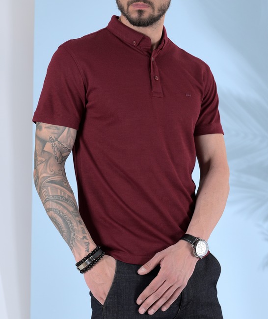 Мъжка релефна тениска с яка цвят бордо