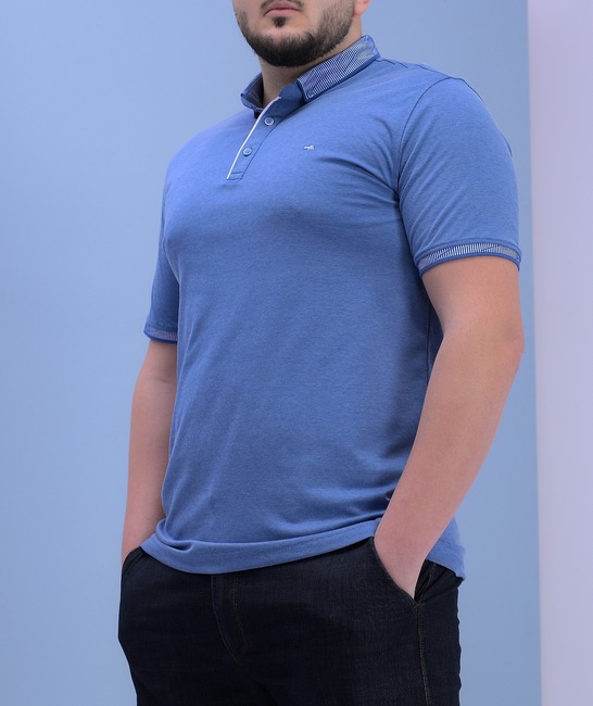 Структурна мъжка тениска с яка синя голям размер