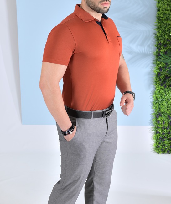Мъжка тениска с яка с джоб цвят керемида