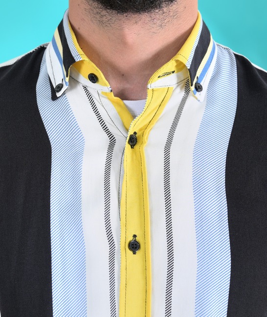 Риза с къс ръкав на жълти и сини вертикални лини