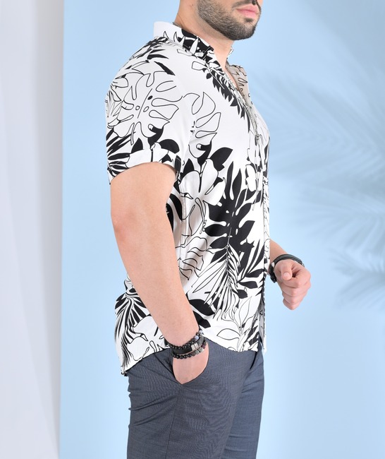 Мъжка риза на тропически листа с къс ръкав