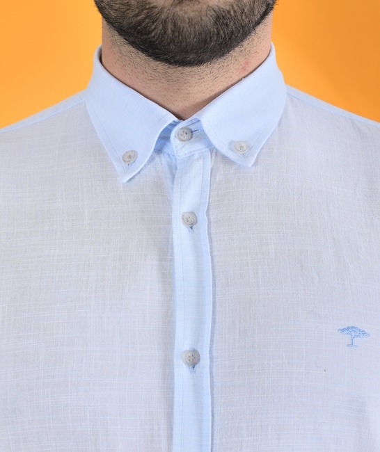 Мъжка риза с къс ръкав ленена светло синя