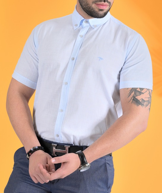Мъжка риза с къс ръкав ленена светло синя