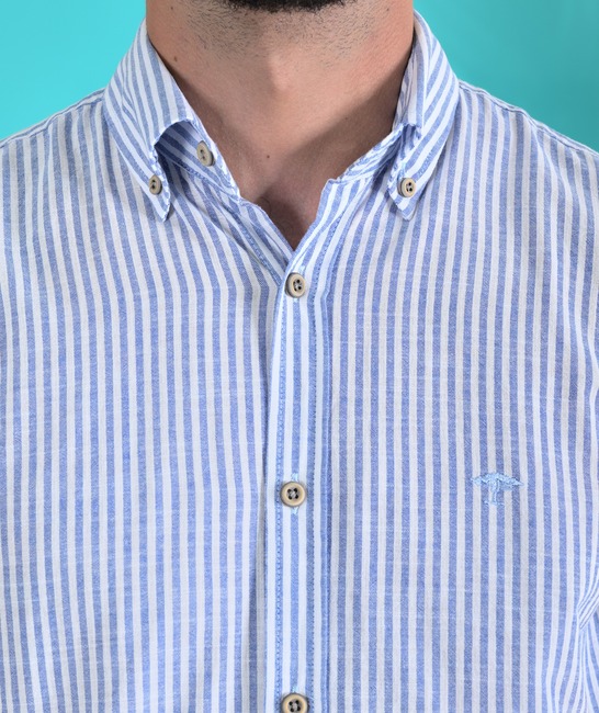 Ленена мъжка риза с къс ръкав на синьо райе