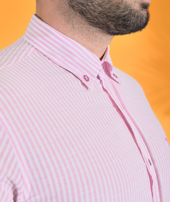 Мъжка ленена раирана риза с къс ръкав розова