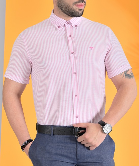 Мъжка ленена раирана риза с къс ръкав розова