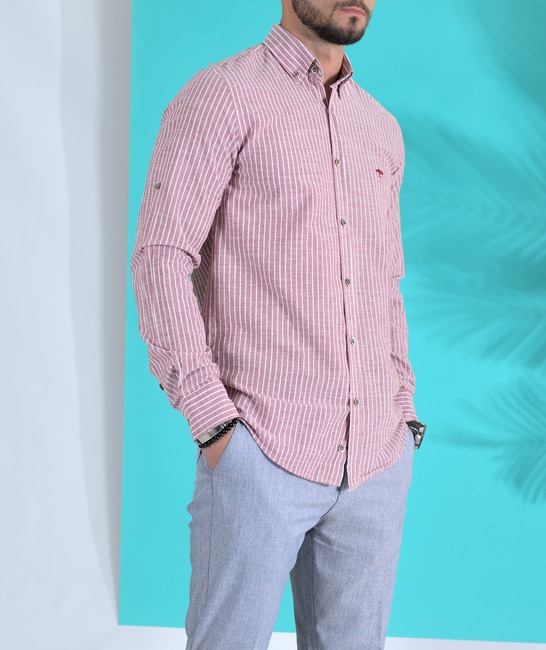 Ленена раирана мъжка риза цвят бордо с лого
