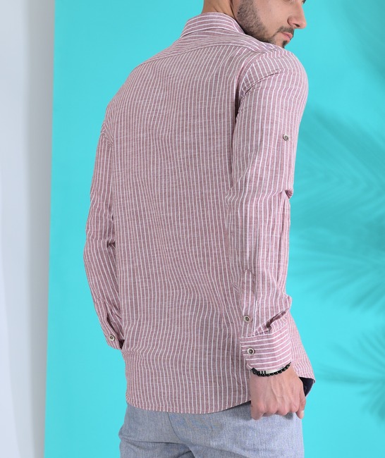 Ленена раирана мъжка риза цвят бордо с лого