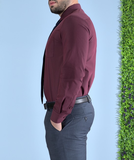 Мъжка риза с дълъг ръкав и джоб цвят бордо