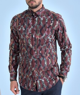 Памучна риза цвят бордо с тропически акценти