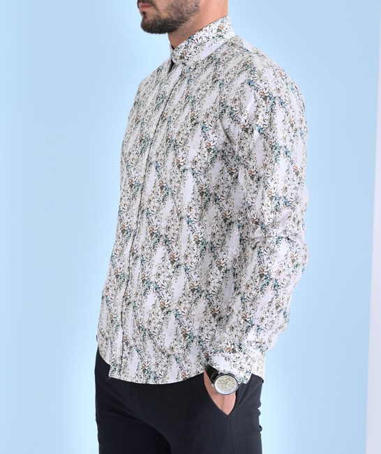 Мъжка памучна риза с акцент клонки бяла