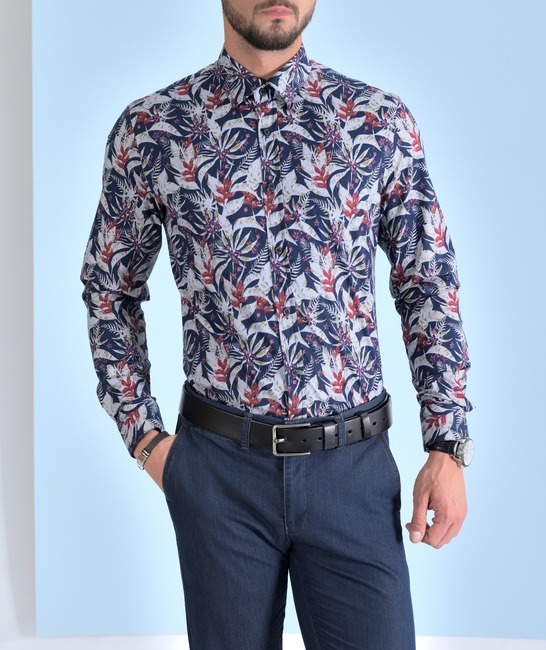 Синя риза с флорални елементи с червен акцент мъжка