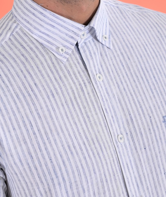 Ленена тъмно синя раирана мъжка риза с малко лого
