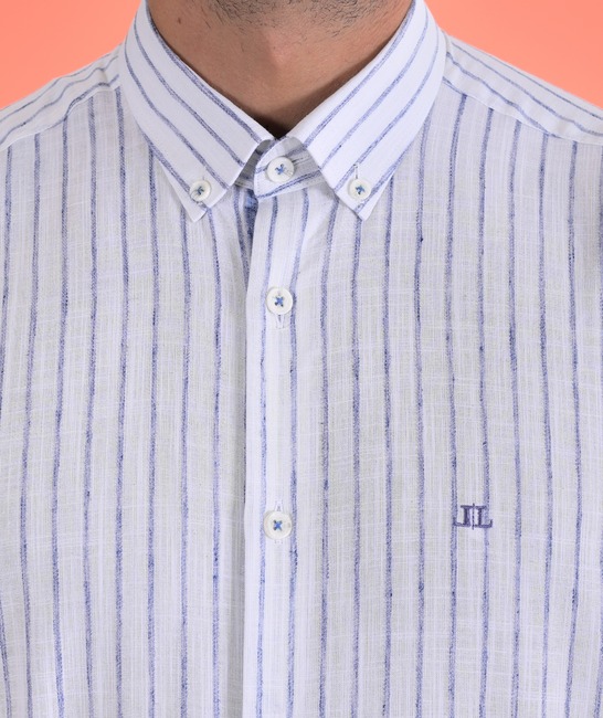 Синя мъжка риза от лен на райе с бродирано лого