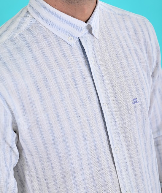Раирана мъжка риза от лен цвят тъмно син с лого