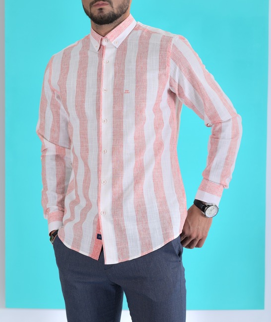 Ленена мъжка риза на едро райе цвят диня с лого