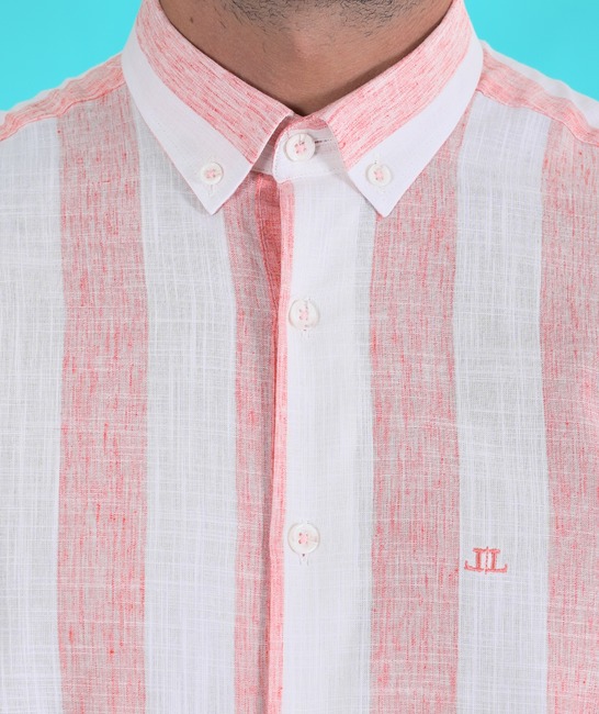 Ленена мъжка риза на едро райе цвят диня с лого