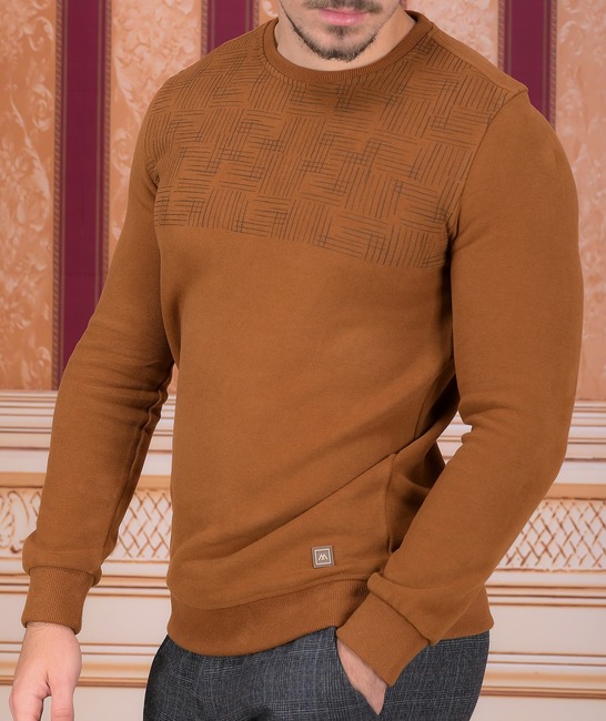 Плътна мъжка изискана блуза с акцент линии цвят керемида