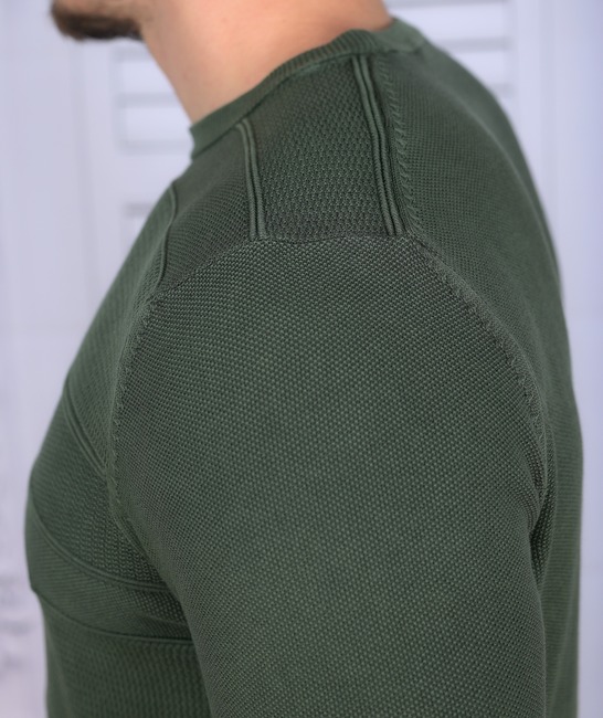 Мъжки тъмно зелен пуловер от варен памук