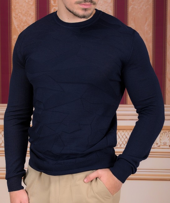Мъжки тъмно син вълнен пуловер от фино плетиво