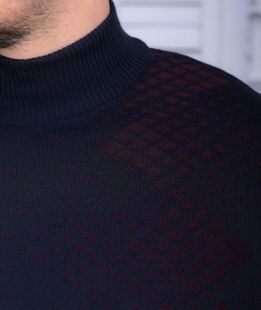 Елегантен мъжки вълнен син пуловер с бордо акценти