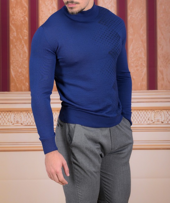 Луксозен мъжки вълнен  син пуловер с акценти