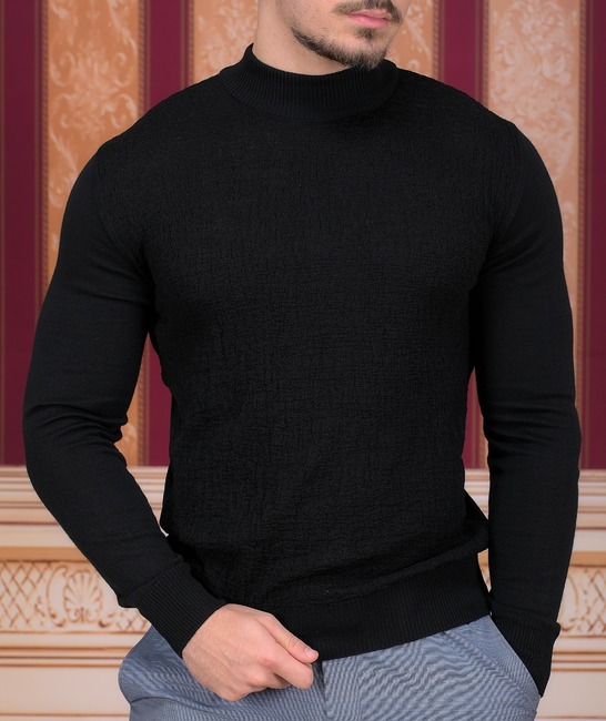 Черен фин вълнен пуловер с текстура мъжки