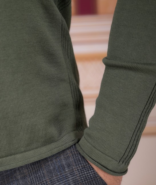 Зелен памучен мъжки пуловер с акцент решетка