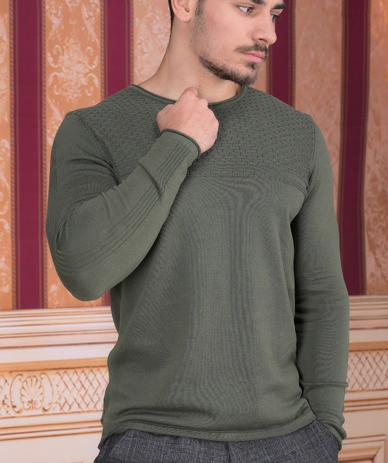 Зелен памучен мъжки пуловер с акцент решетка