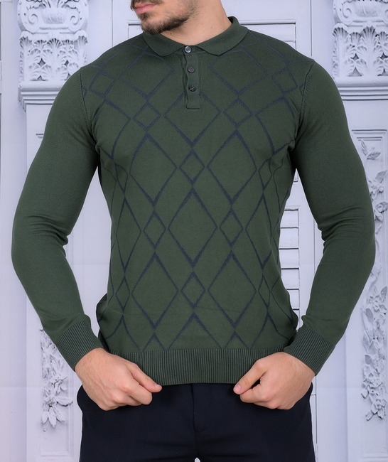 Мъжки тъмно зелен пуловер с орнаменти ромбоиди с яка