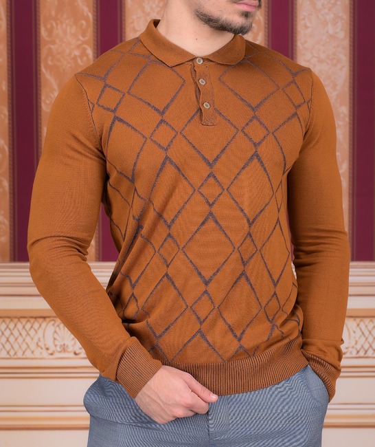 Фин пуловер с яка на орнаменти ромбоиди цвят керемида