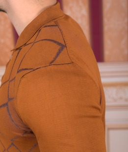 Фин пуловер с яка на орнаменти ромбоиди цвят керемида