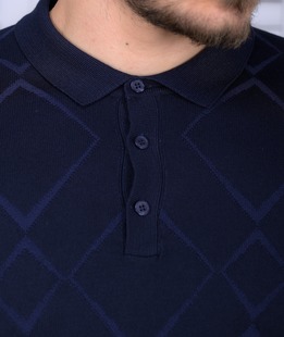 Мъжки тъмно син пуловер с яка на орнаменти ромбоиди