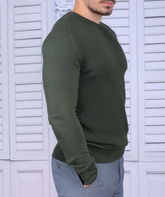 Мъжки стилен зелен пуловер на вафлички 