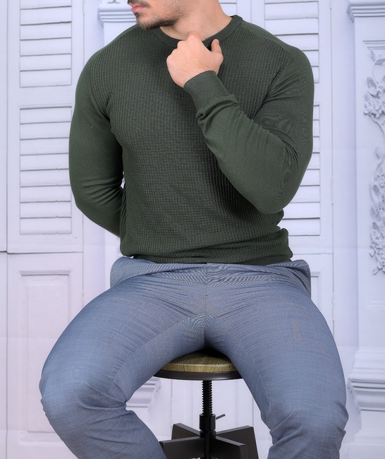 Мъжки стилен зелен пуловер на вафлички 