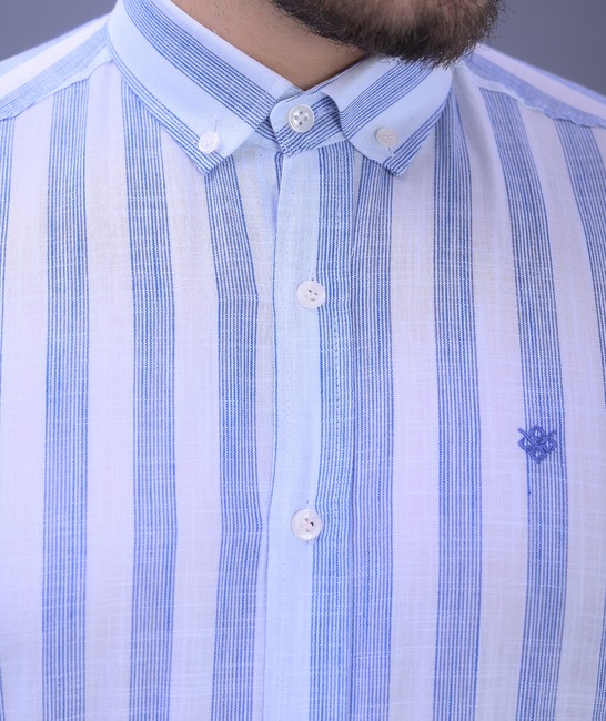Мъжка стилна ленена риза на синьо райе 