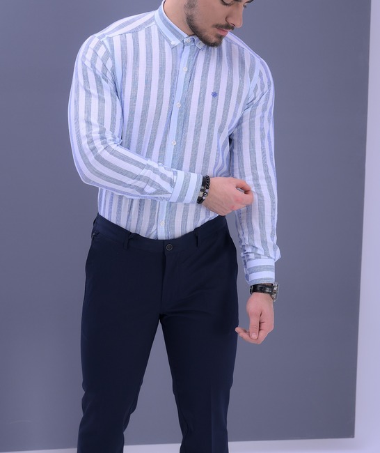 Мъжка стилна ленена риза на синьо райе 
