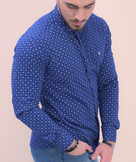 Стилна мъжка риза в синьо на малки цветчета