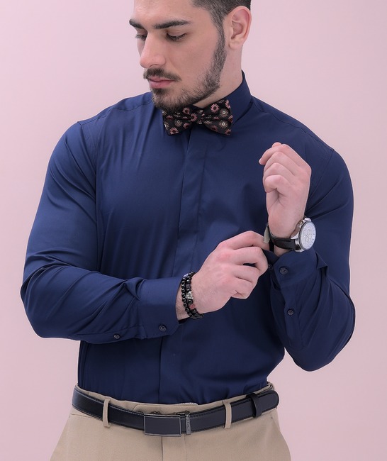 Риза със скрито закопчаване мъжка  в тъмно синьо