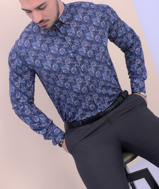 Официална синя мъжка риза с дигитален цветен принт