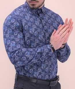 Официална синя мъжка риза с дигитален цветен принт