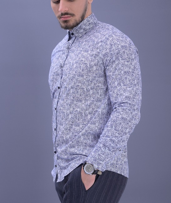 Мъжка стилна синя риза на тропически листа