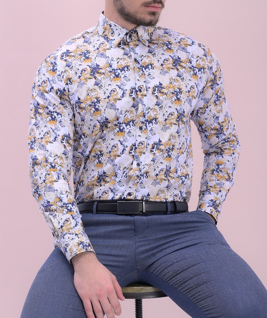 Мъжка риза на сини и жълти цветя