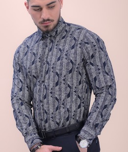 Мъжка луксозна риза на мотиви в тъмно синьо