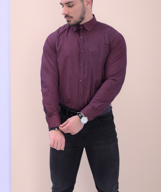 Елегантна официална мъжка риза в бордо на малки ивици
